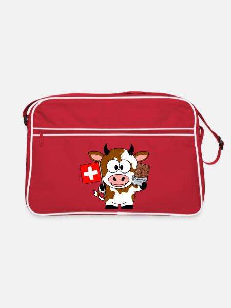 Schweizer Kuh mit Flagge und Schokolade - Retro Tasche - Rot/Weiß