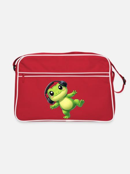 Süßer Frosch Kröte Unke mit Kopfhörern Tanzen Tech - Retro Tasche - Rot/Weiß - Vorne