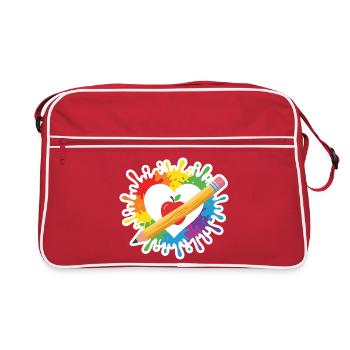Teacher Heart Rainbow Apple Colored Pencil School - Retro Bag - red/white - Front