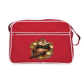 Otter liest im Herbstteich - Retro Tasche - Rot/Weiß - Vorne