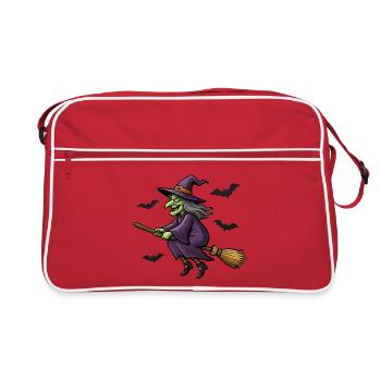 Hexe auf einem Besen in Lila - Retro Tasche - Rot/Weiß - Vorne
