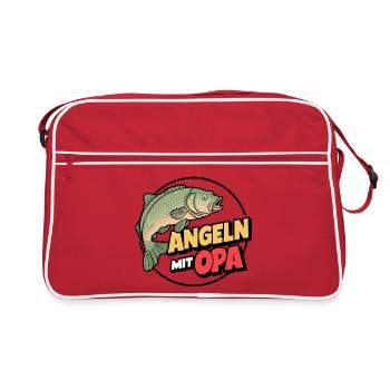Angeln mit Opa mit buntem Fischdesign - Retro Tasche - Rot/Weiß - Vorne