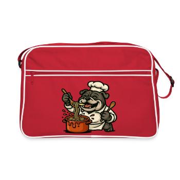 Bulldogge Koch Kochen Pasta Glücklich Cartoon Design - Retro Tasche - Rot/Weiß - Vorne
