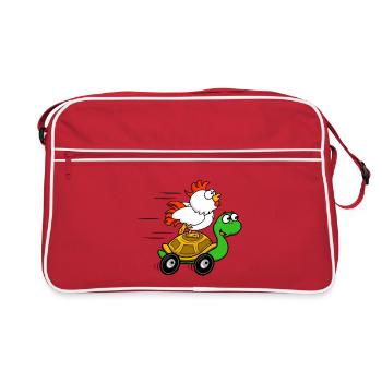 Chickens on Turtle Wagon - Retro Bag - red/white - Front