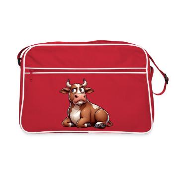 Lustige Kuh Cartoon Skeptischer Stier Comic - Retro Tasche - Rot/Weiß - Vorne