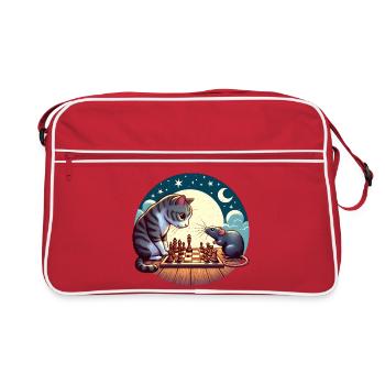 Nächtliches Schachduell zwischen Katze und Maus - Retro Tasche - Rot/Weiß - Vorne