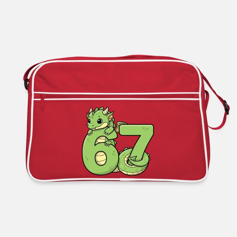 Drache Sechs Sieben, niedlich, grüner Drache 67 - Retro Tasche - Rot/Weiß