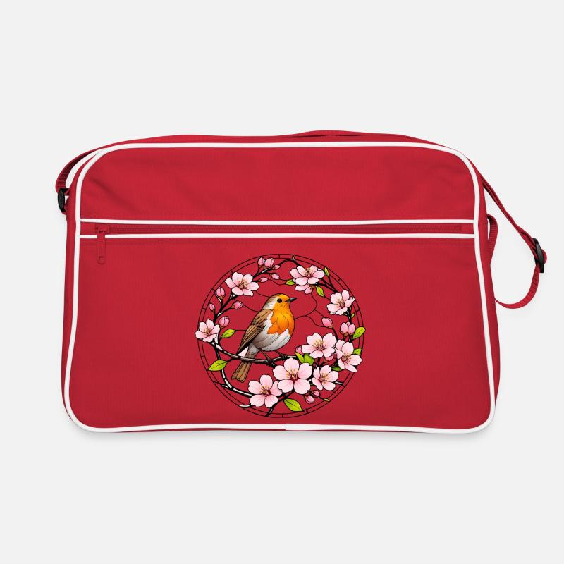 Rotkehlchen mit Kirschblüten Glasfensterstil - Retro Tasche - Rot/Weiß