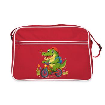 Cheerful crocodile riding a bicycle to school - Retro Bag - red/white - Front