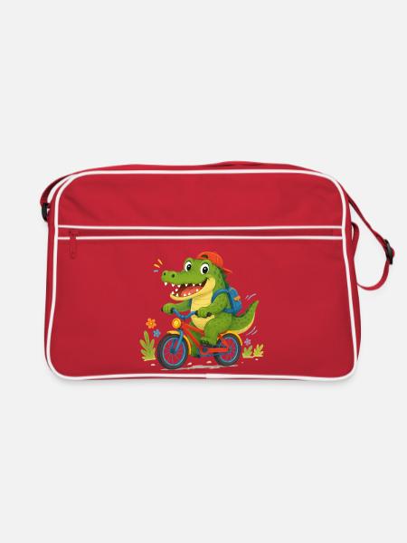 Fröhliches Krokodil fährt mit Fahrrad zur Schule - Retro Tasche - Rot/Weiß