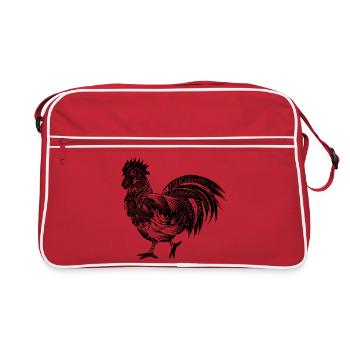 kunstvoll verzierter Hahn Schwarz Weiß - Retro Tasche - Rot/Weiß - Vorne