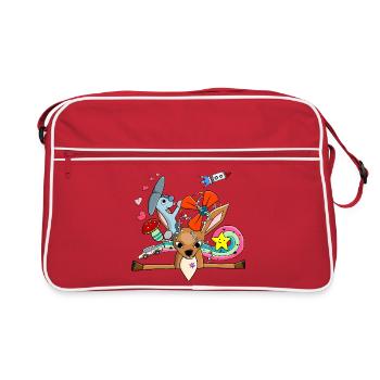 Süßes Reh, Hase Collage mit Regenbogen - Retro Tasche - Rot/Weiß - Vorne