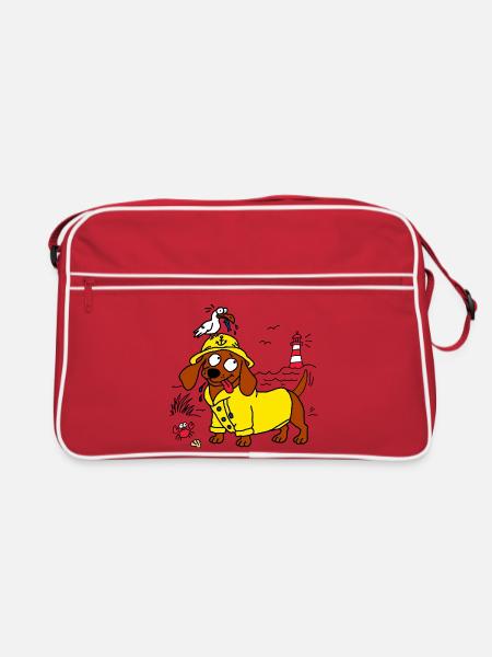 Küsten Dackel Friesennerz Moin Nordsee Möwe - Retro Tasche - Rot/Weiß