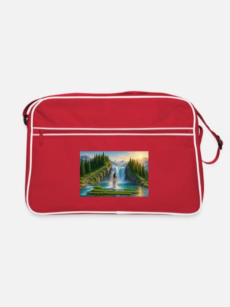 Traumhafter Wasserfall in der Berglandschaft - Retro Tasche - Rot/Weiß