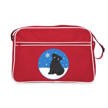 Schwarzer Mops im Schnee - Retro Tasche - Rot/Weiß - Vorne