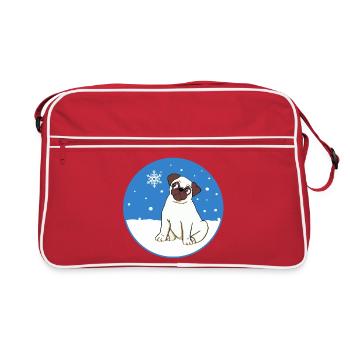 Mops im Schnee - Retro Tasche - Rot/Weiß - Vorne