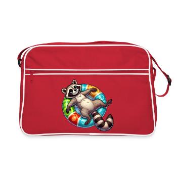Ein relaxter Waschbär auf einem Schwimmreifen - Retro Tasche - Rot/Weiß - Vorne