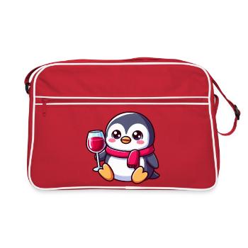 Süßer Pinguin mit Rotwein Weinliebhaber Cartoon - Retro Tasche - Rot/Weiß - Vorne