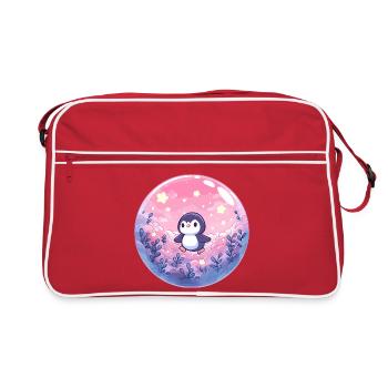 Pastell-Pinguin im Wolkenwald - Retro Tasche - Rot/Weiß - Vorne