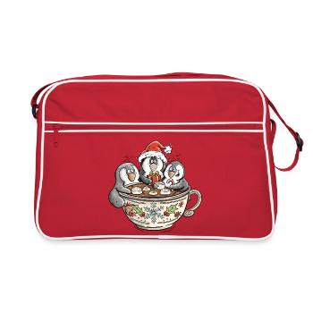 Cute Christmas Penguins in Cocoa Cup - Retro Bag - red/white - Front