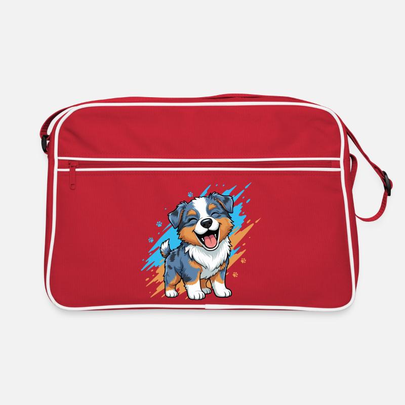 Fröhlicher Welpenfreund im Farbklecks - Retro Tasche - Rot/Weiß