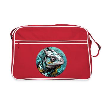 Chamäleon Kopf Türkis Illustration - Retro Tasche - Rot/Weiß - Vorne
