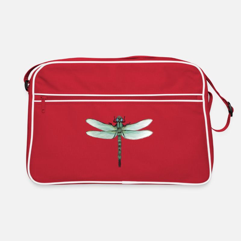 Grüne Libelle Wasserfarbkunst - Retro Tasche - Rot/Weiß
