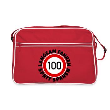 Langsam fahren - Sprit sparen - Tempo 100 - Retro Tasche - Rot/Weiß - Vorne