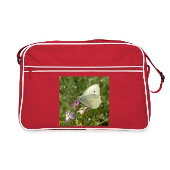Weißer Schmetterling auf rosa Blüte - Retro Tasche - Rot/Weiß - Vorne