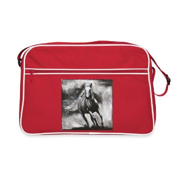 Pferd im Wind – kraftvolle Wildpferd Skizze - Retro Tasche - Rot/Weiß - Vorne