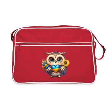 Niedliche Eule mit einem blau gelben Herz - Retro Tasche - Rot/Weiß - Vorne
