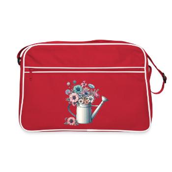 Gießkanne,üppig gefüllt mit pastellfarbenen Blumen - Retro Tasche - Rot/Weiß - Vorne