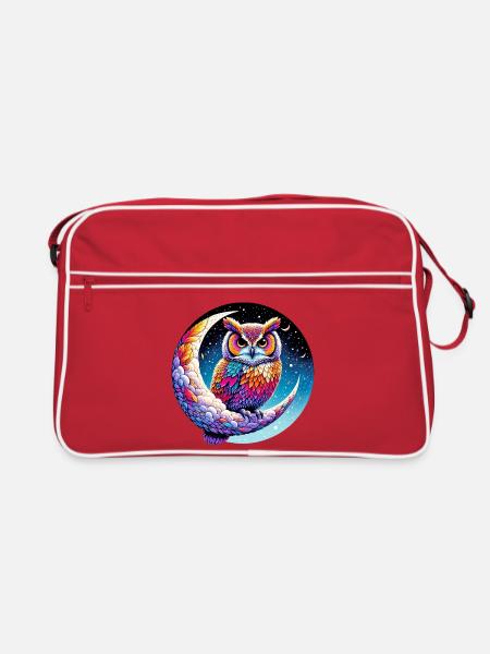Eule auf dem Mond - Retro Tasche - Rot/Weiß - Vorne