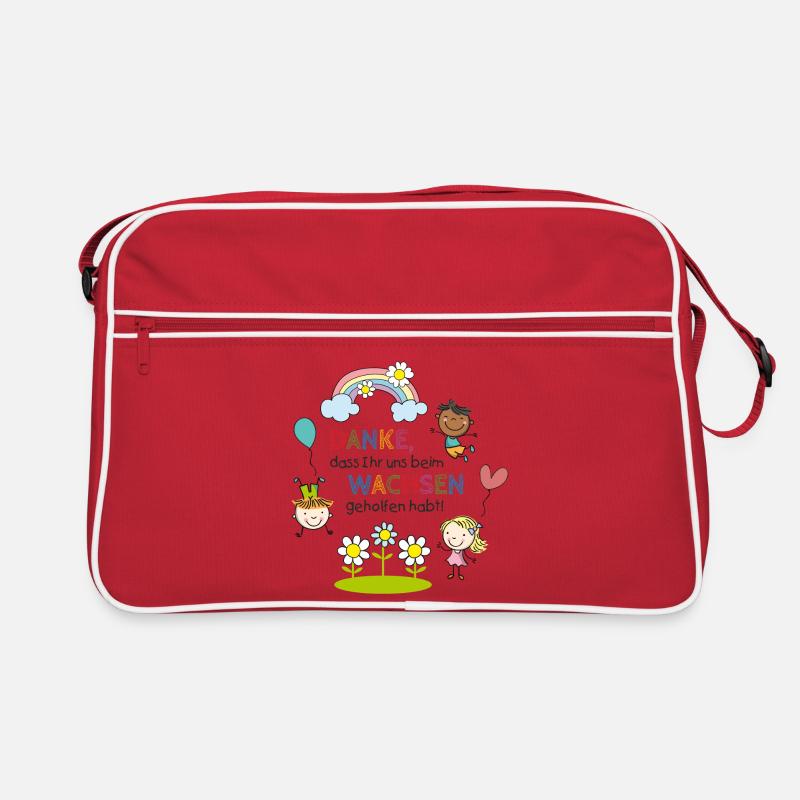 Dankesspruch Kita 1 | Kinder - Regenbogen - Blumen - Retro Tasche - Rot/Weiß