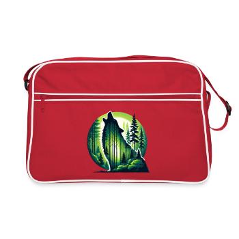Silhouette de loup hurlant avec forêt verte - Sac Retro - rouge/blanc - Devant
