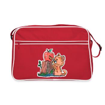 Kleines Kätzchen und der Wurm im Apfel - Retro Tasche - Rot/Weiß - Vorne