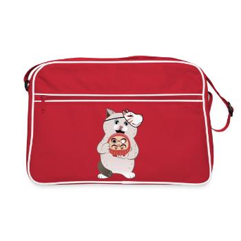 Chat mignon tenant Daruma avec un masque Kabuki - Sac Retro - rouge/blanc - Devant