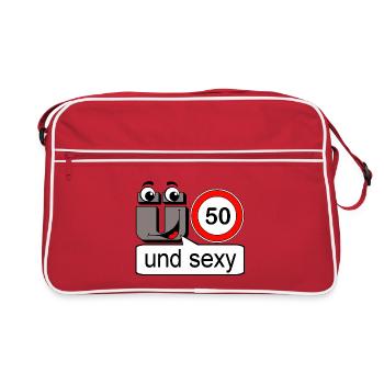 50. Geburtstag , Ü50 und sexy - Retro Tasche - Rot/Weiß - Vorne
