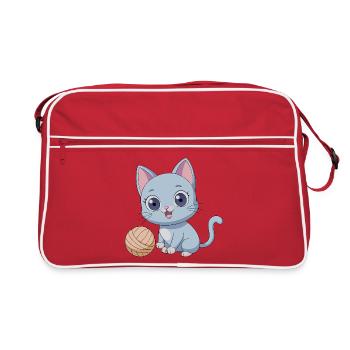 Playful Blue Kitten with Ball of Yarn - Retro Bag - red/white - Front