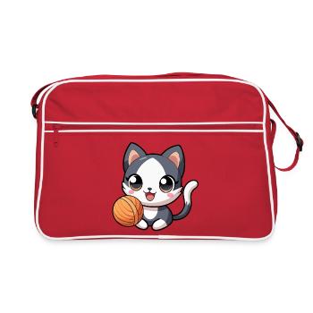 Black and white kawaii kitten with skein - Retro Bag - red/white - Front