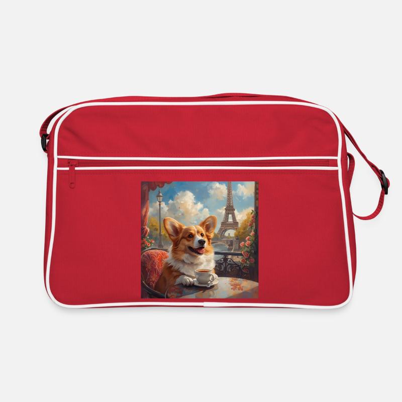Corgi buvant du café devant la Tour Eiffel à Paris - Sac Retro - rouge/blanc