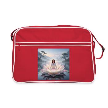Frau meditiert auf geöffneter Lotusblüte  - Retro Tasche - Rot/Weiß - Vorne