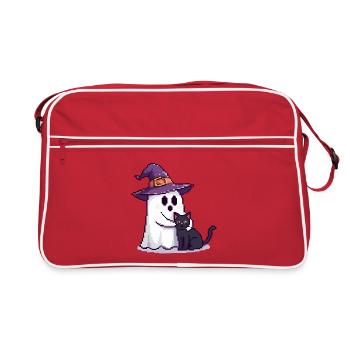 Pixel Ghost avec chapeau de sorcière et chat – Halloween - Sac Retro - rouge/blanc - Devant
