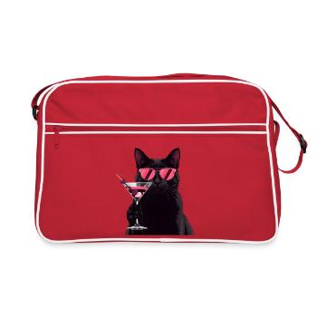 Black Cat with Pink Martini Cartoon - Retro Bag - red/white - Front