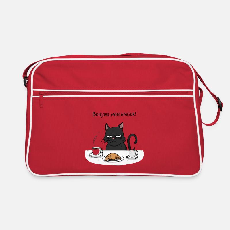 Funny Cat Breakfast Bonjour Mon Amour - Retro Tasche - Rot/Weiß