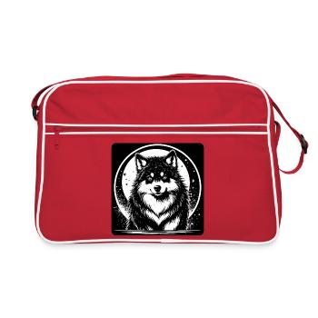 Schwarzweißer Husky (Kopf nah) - Retro Tasche - Rot/Weiß - Vorne