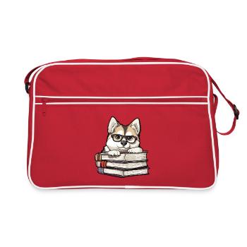 Un mignon livre de lecture de chien Akita avec des lunettes - Sac Retro - rouge/blanc - Devant