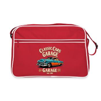 Klassische Autos Garage Druck - Retro Tasche - Rot/Weiß - Vorne