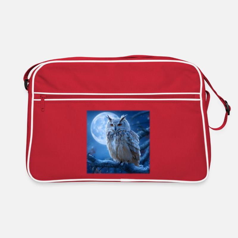 Schnee-Eule im Vollmond: Magische Winternacht - Retro Tasche - Rot/Weiß