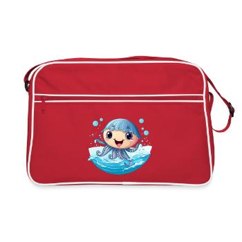 Kawaii-Qualle im Meeresrauschen - Retro Tasche - Rot/Weiß - Vorne